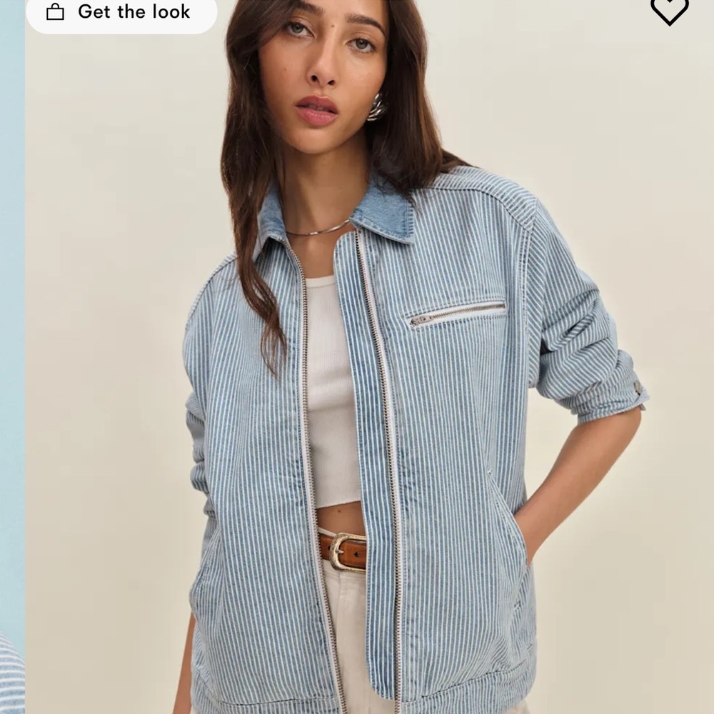 Reformation Light Blue Pinstripe Bomber Jacket